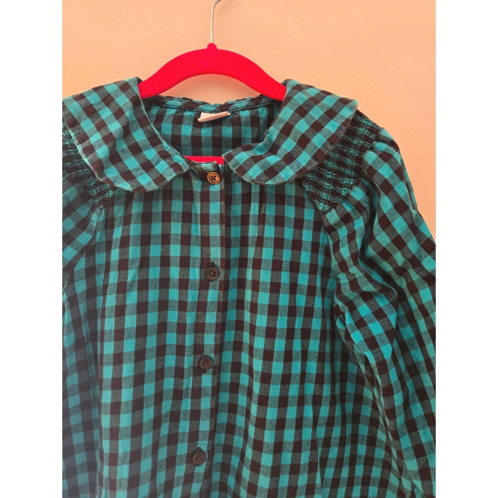 Next Girls Teal Black Gingham Check Smocked Button Down Dress Size 6-7 Years - Picture 2 of 5